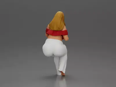 Blonde woman in red top white pants sitting applies hand cream 3D print model