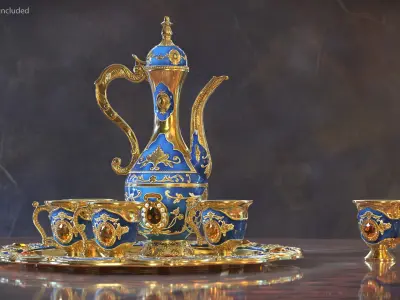  Arabian Tea Set with Kettle and Cups on Table 