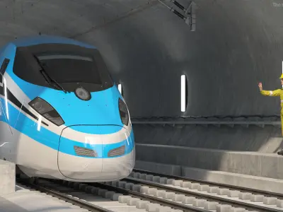 Railway Tunnel Section with Train and Worker 3D model