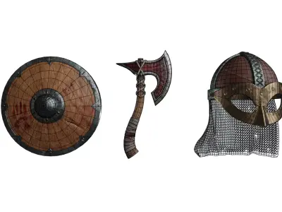 Low poly Assets viking helmets and shields Low-poly 3D model