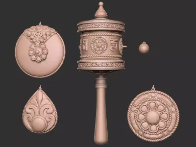 Tibetan-style prayer wheel and 3 types of ornaments 3D print model