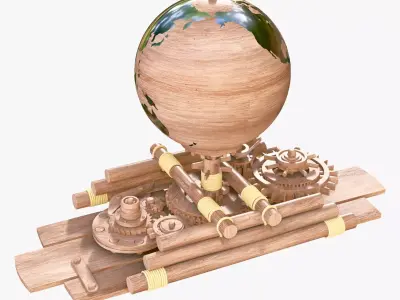 Mechanical Gear Wooden Earth Globe M1 3D model