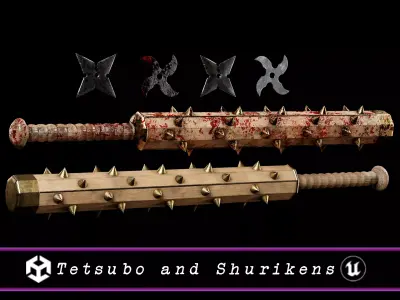 Tetsubo and Shurikens Low-poly 3D model