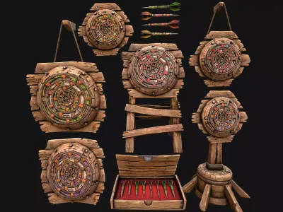 Medieval Target  Dart Board Darts Set Low-poly 3D model