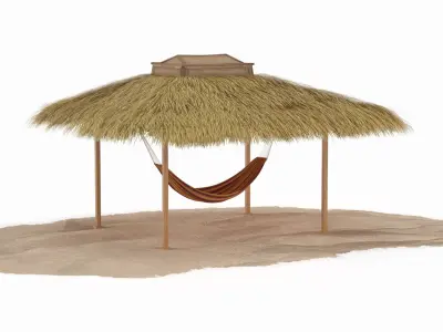 Hammock Canopy with Wooden Poles and Grass Roof Brown 3D model
