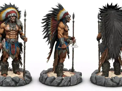 Native american warrior chief with axe high poly resolution 3D model