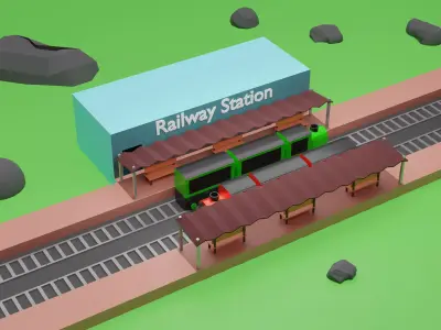 Low poly railway station Low-poly 3D model