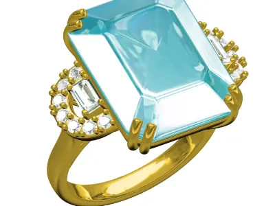 Antique Aquamarine Emerald Cut Diamond Cocktail Ring 3D print model