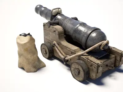  Pirate Cannon and Cannonball Sack Low-poly 3D model
