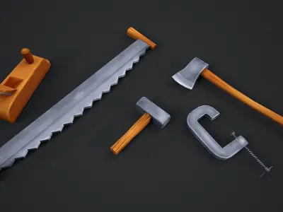 Stylized Carpentry Bench table tools Low-poly 3D model