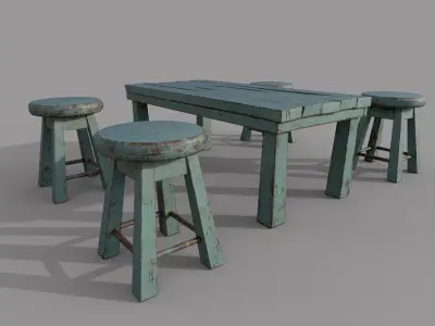 Old Stool and Table Low-poly 3D model