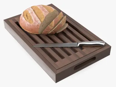 Dark Wood Bread Cutting Board with Knife and Round Loaf 3D model