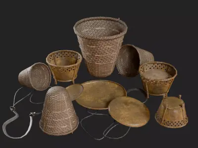 PBR Traditional Bamboo Basket Game Ready Pack Low-poly 3D model