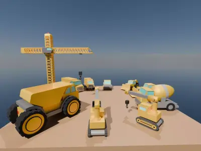 Roblox Ready Low Poly Construction Vehicles and Sign Set Low-poly 3D model