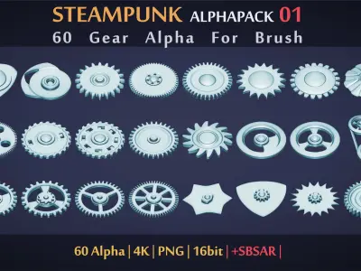 SteamPunk Alpha Pack 01 - 60 Gear Brush - 4k PNG 16bit - SBSAR Texture