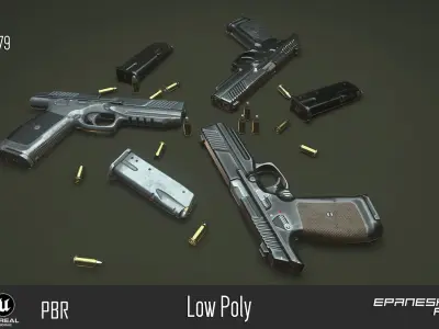 pistol guns and bullets Low-poly 3D model