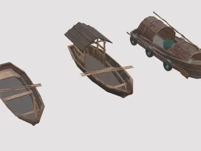 CANOE-BOAT group of wooden boats and house Free low-poly 3D model