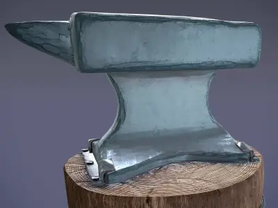 Low Poly Anvil wooden barrel with hammer Low-poly 3D model