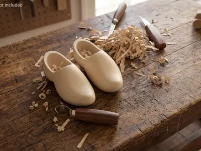 Handcrafted Wooden Clogs with Carving Tools Beige 3D model