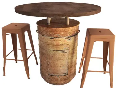 Orange Barrel Table and Tolix Barstools 3D model