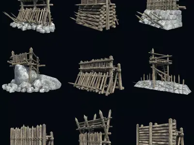 FORT PALISADE BARRIER BARRICADE FENCE WALL VILLAGE COLLECTION Low-poly 3D model