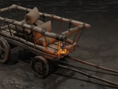 Stylized medieval cart with a lamp and bags Low-poly 3D model