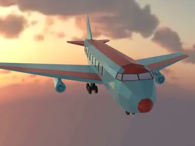 Airplane flying in sky at sunset Low-poly 3D model