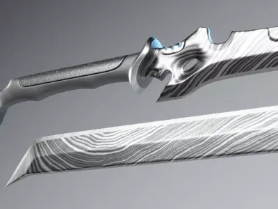 Damascus Cyberpunk Katana and Machete Low-poly 3D model