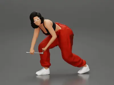 Girl mechanic in overalls removing the wheel car 3D print model