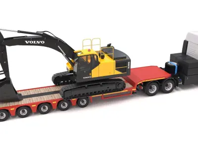 Iveco S-WAY Tractor and Lowboy Trailer with Excavator Volvo 3D model