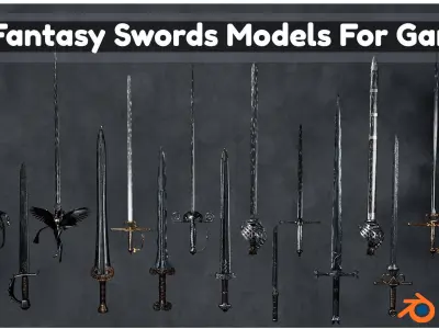 30 Fantasy Sword Models For Games with Textures Low-poly 3D model