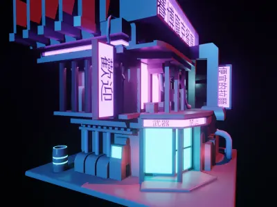  exterrior-building cyberpunk restaurant isometric Free low-poly 3D model