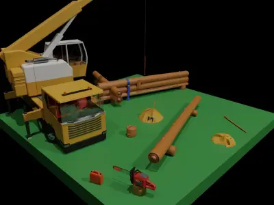 Building log home scene Low-poly 3D model