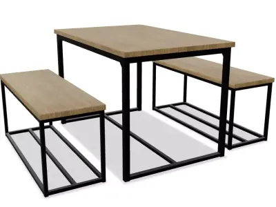 Industrial Style Dining Table with Benches 3D model