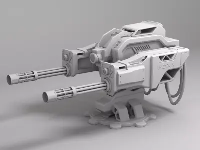 Sci Fi Machine Gun Turret Minigun Military Weapon Robot 3D model