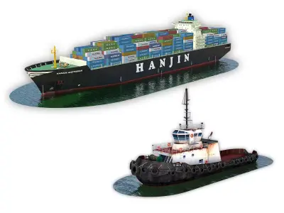 Cargo Ship Hanjin and Tugboat 3D Model Pack