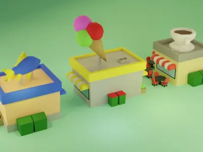LowPoly Buildings town with and coffee shop Low-poly 3D model