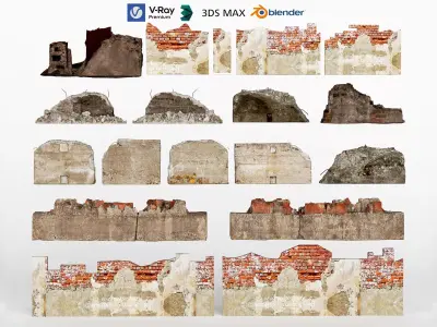 Ruined Brick Walls and Damaged Structures Low-poly 3D model