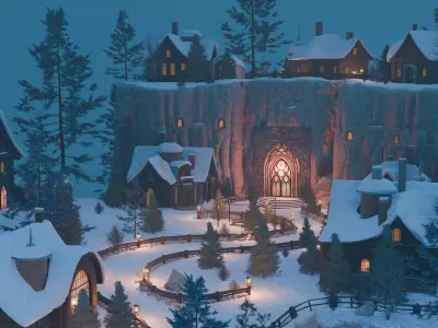 Winter Village On A Cliff 3D model