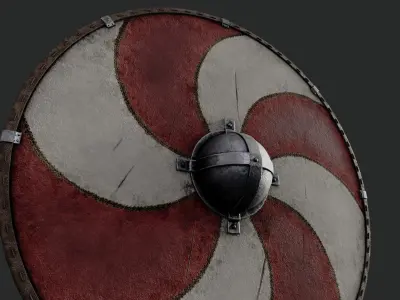 Slavic round leather shield-painted red and white sun wheel Low-poly 3D model