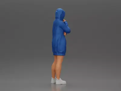 Hooded Woman Standing Thoughtfully Arm Crossed 3D print model