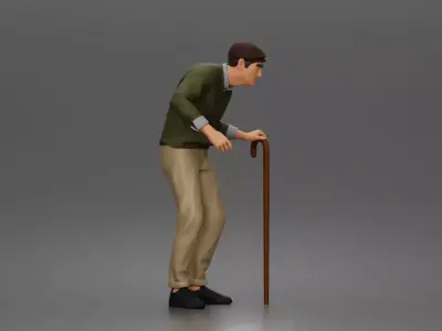 Elderly man walks using cane wearing sweater collared shirt 3D print model