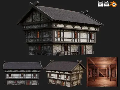 4 Old Medieval Building House Pack 4K Tex GameReady 49 to 52 Low-poly 3D model