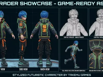 Stylized Cyberpunk Anime Boy - Rigged Game Ready Character Low-poly 3D model
