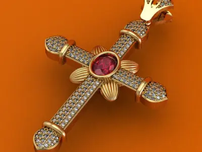Antique style cross with ruby gem 3D print model