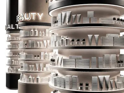 Round columns racks with goods Cosmetics products showcase 3D model