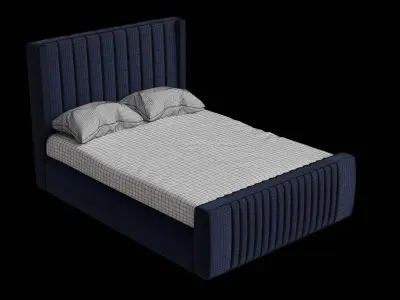 Dark Blue Velvet Midcentury Bed Low-poly 3D model