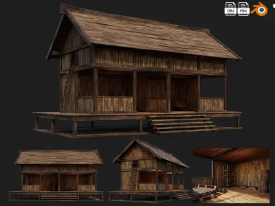 4 Old Wooden Shed Building Pack 4K Textures GameReady 77 to 80 Low-poly 3D model