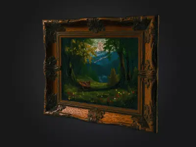 Rustic painting with handcarved wood frame Low-poly 3D model