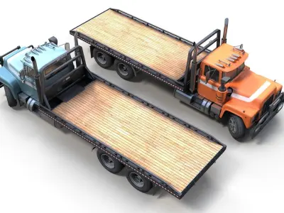 Industrial vintage flatbed truck Low-poly 3D model